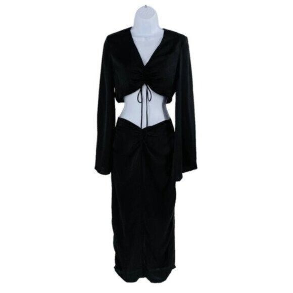 Petal & Pup NEW Sienna Satin Formal Black Midi Dress Matching Set Size L